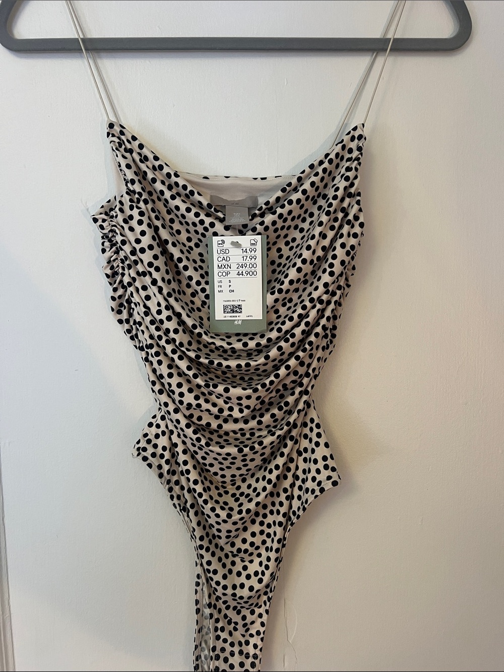 H&M Beige and Black Polka Dot Ruched Cowl Neck Bodysuit